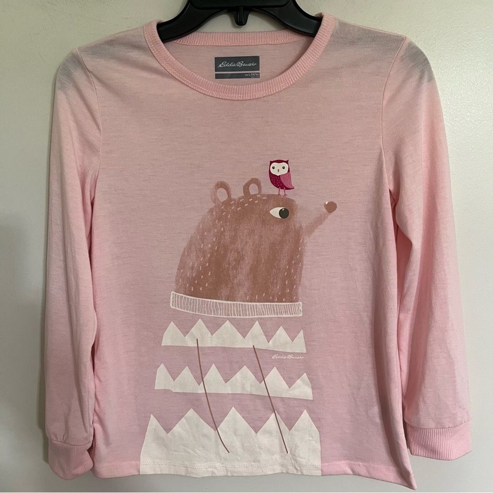 Eddie Bauer Girls Pink Bear Owl Graphic Long‎ Sleeve Tee Shirt Kids Large 14/16